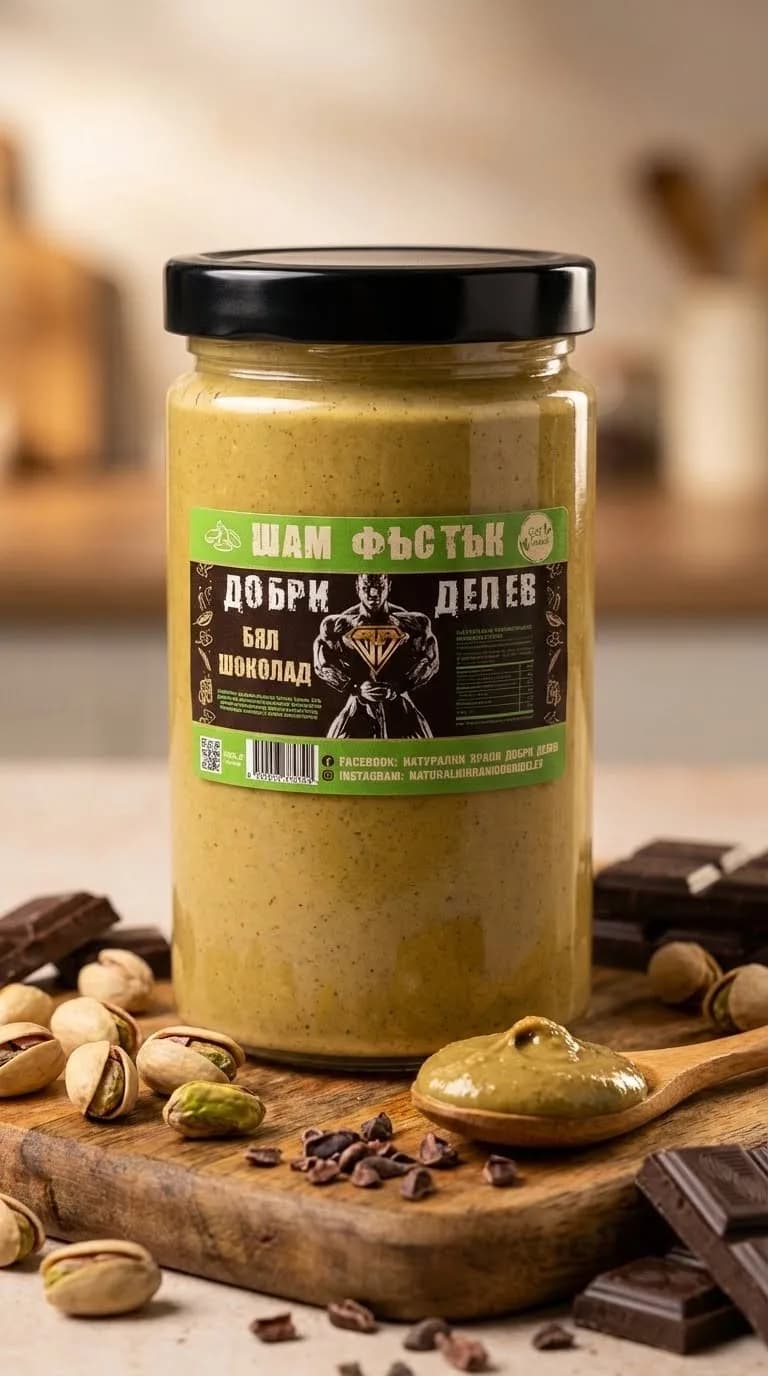Тахан от шам фъстък с бял шоколад без захар 700г - натурален продукт от Dobri Delev