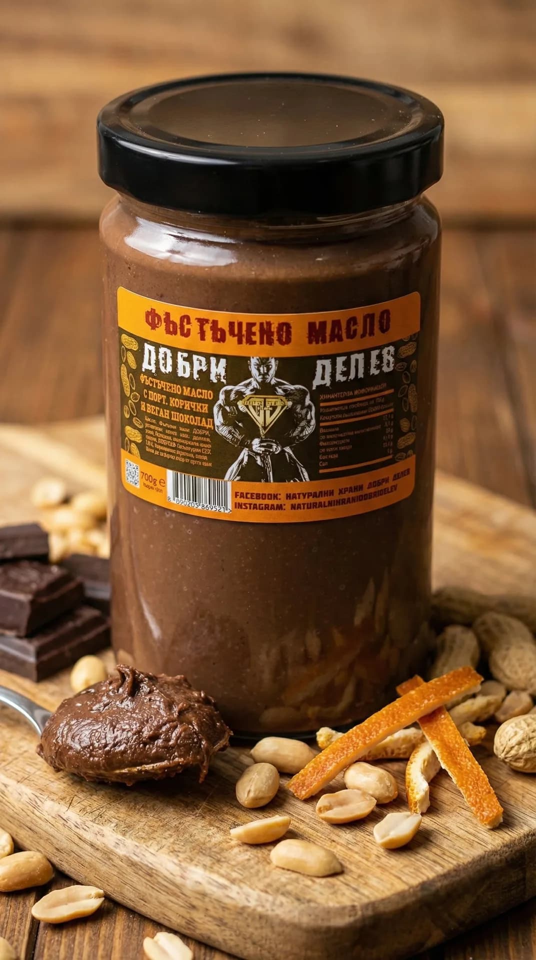Фъстъчено масло с портокалови корички и веган шоколад без захар 700г - натурален продукт от Dobri Delev